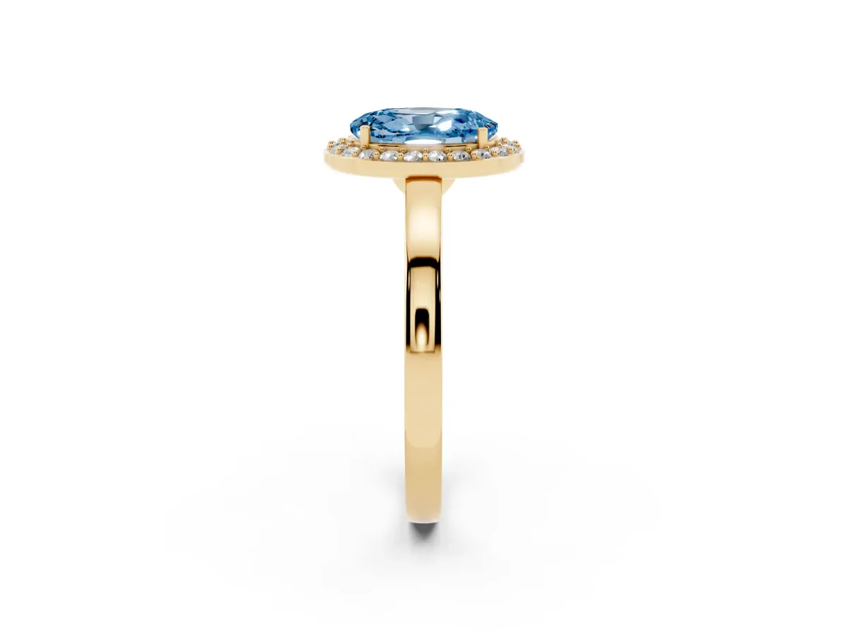 Fancy Blue Oval Cut Halo Diamond Ring with Solitaire Band and Prong Setting Yellow gold