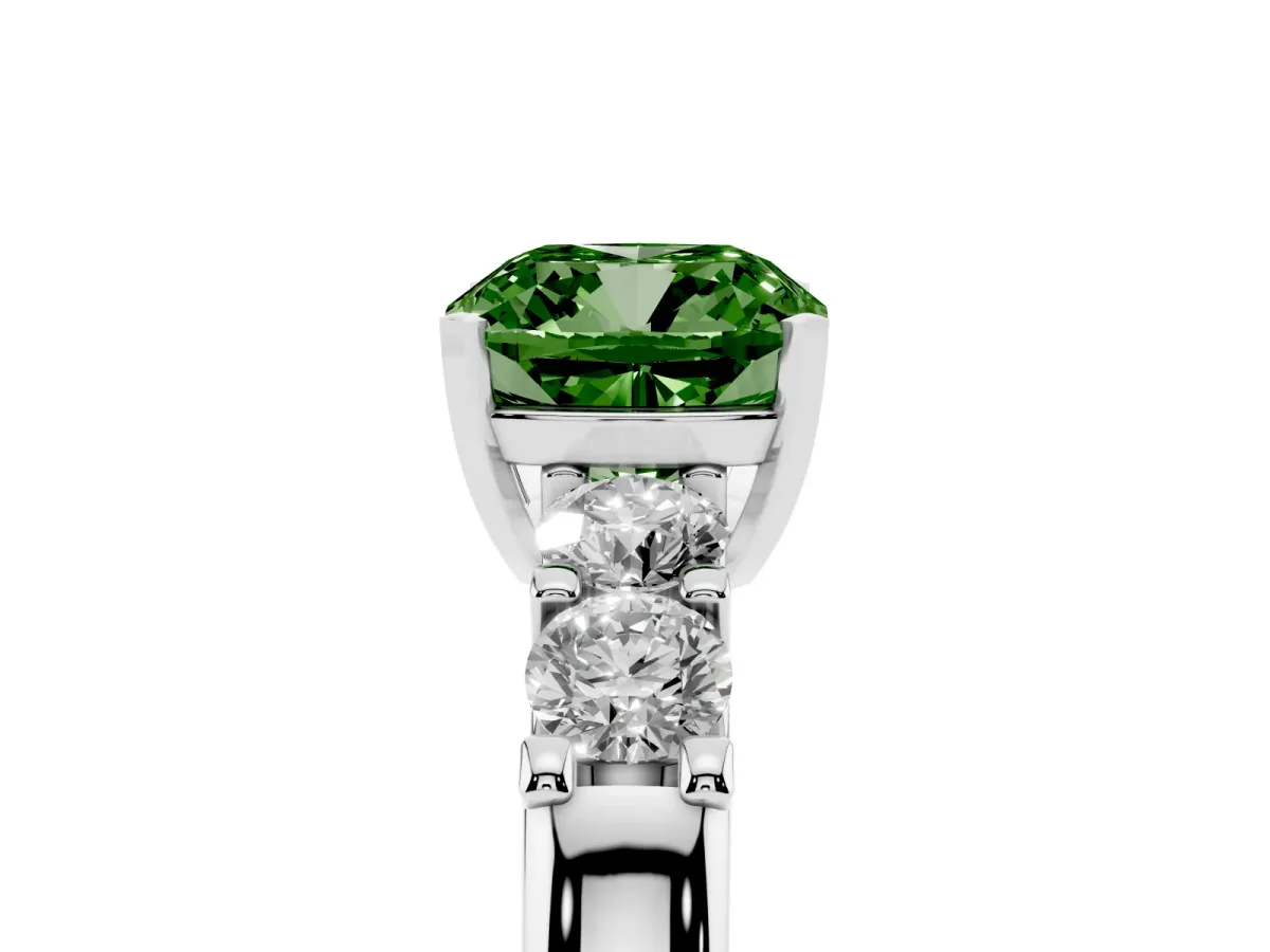 Fancy Green Cushion Cut Brilliant Cut Diamond Five-Stone Prong Set Engagement Ring with Channel Band White gold