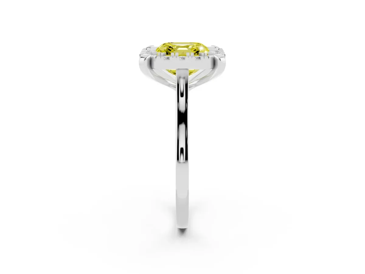 Fancy Yellow Asscher Cut Diamond Cluster Halo Solitaire with Four-Prong Setting Silver