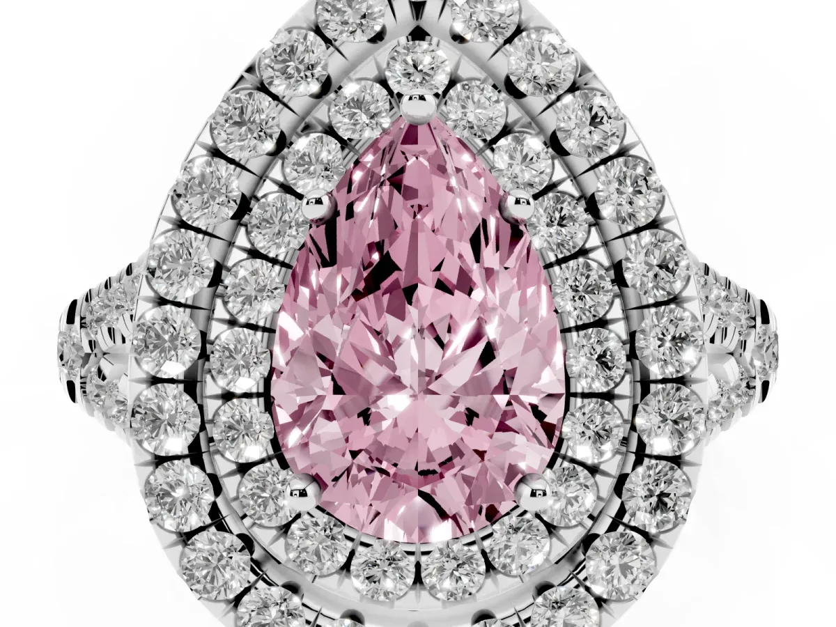 Fancy Pink Double Halo Pear Cut Diamond Pavé Split Shank Ring with Prong Setting White gold