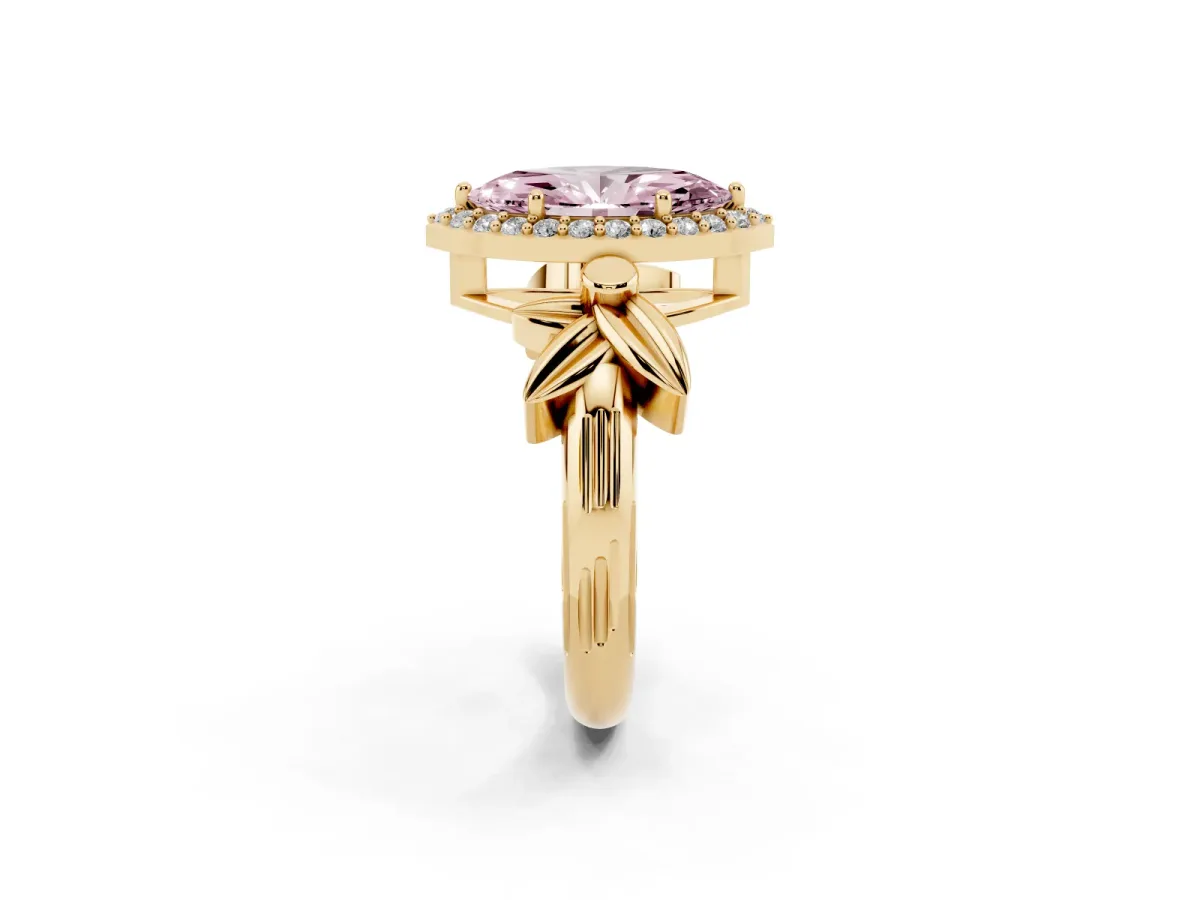Fancy Pink Marquise Cut Halo Diamond Floral Band with Four-Prong Setting Yellow gold