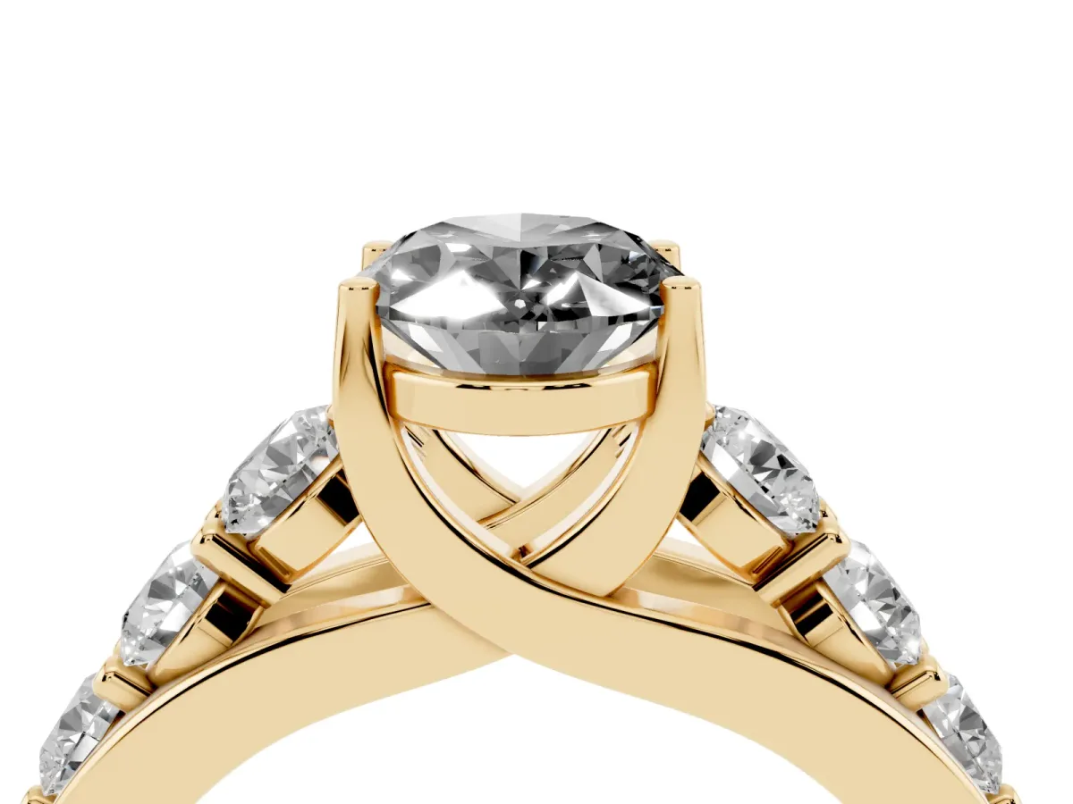 Fancy Black Oval Cut Diamond Engagement Ring with Pavé Band and Four-Prong Setting Yellow gold