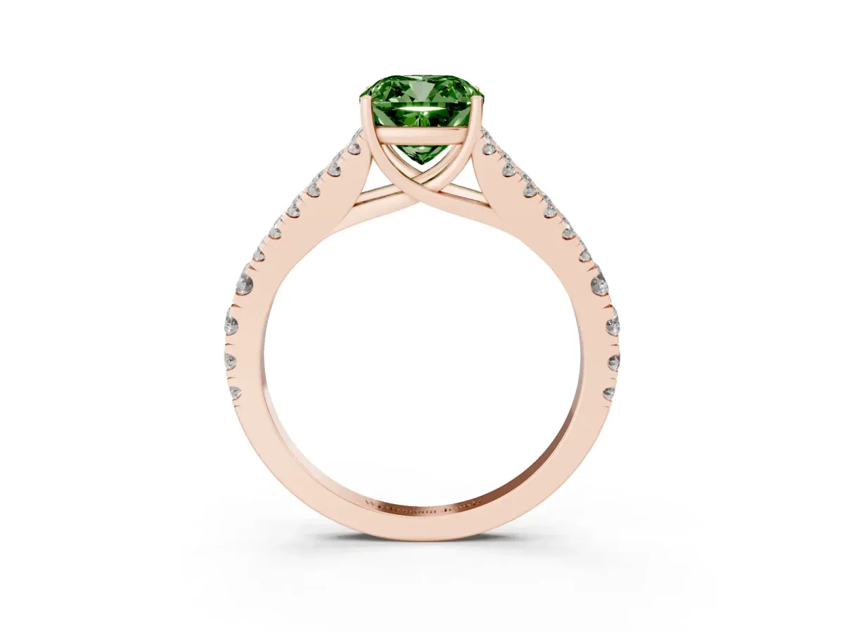 Fancy Green Cushion Cut Diamond Split Shank Engagement Ring with Round Pavé and Prong Setting Rose gold