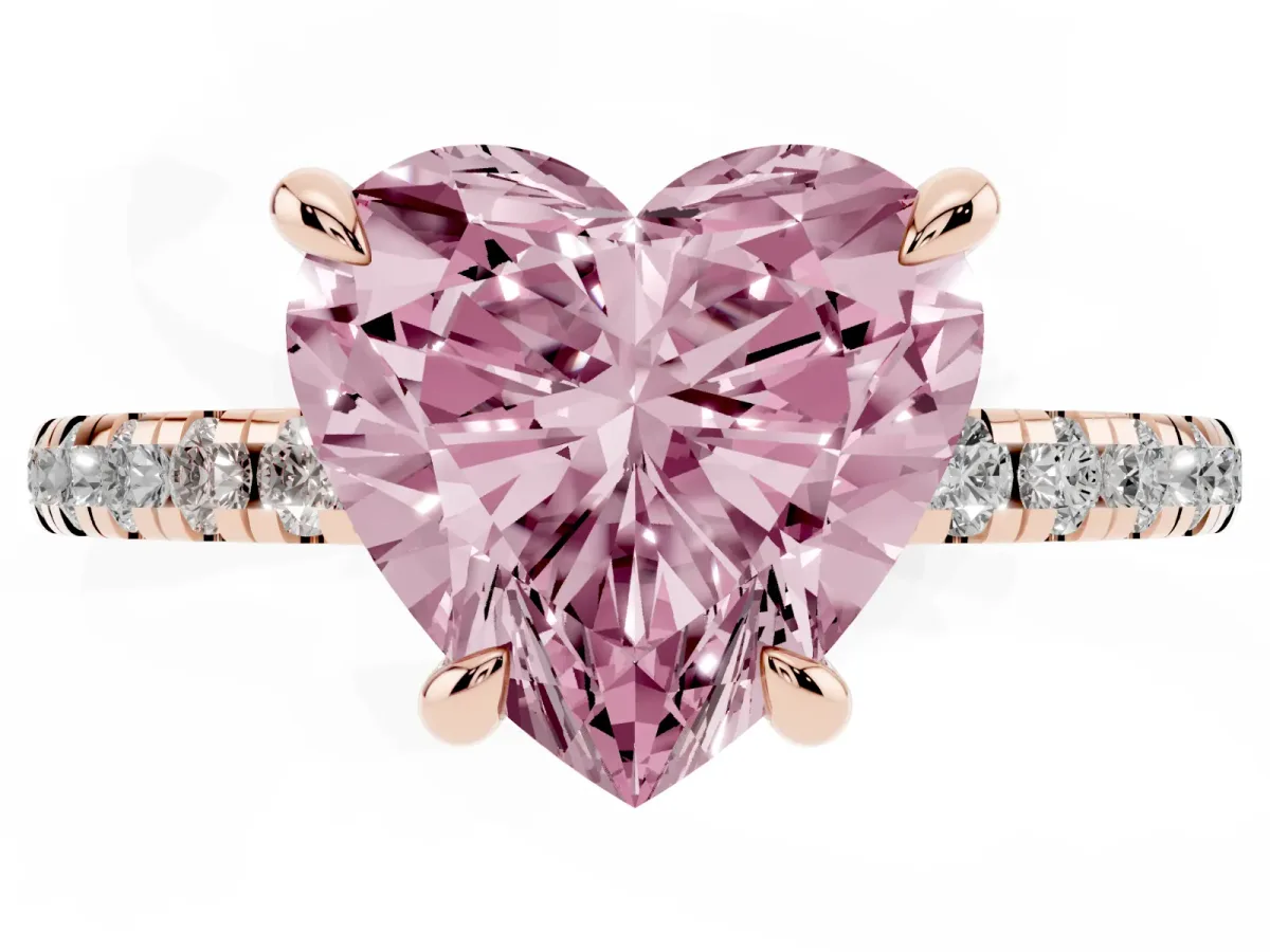 Fancy Pink Heart Cut Diamond Brilliant Solitaire Ring with Pavé Band and Four-Prong Setting Rose gold