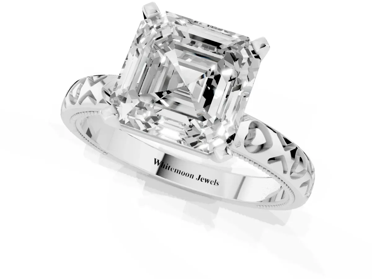 Asscher Cut Solitaire Diamond Engagement Ring with XO Engraved Band and Four-Prong Setting White gold