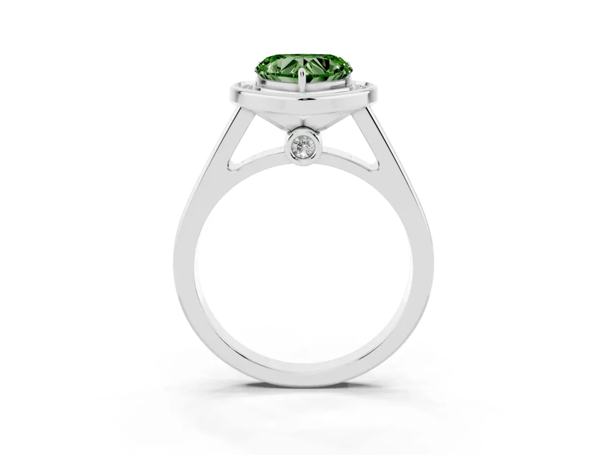 Fancy Green Heart Cut Halo Solitaire Diamond Ring with Pave Band and Bezel Setting Platinum