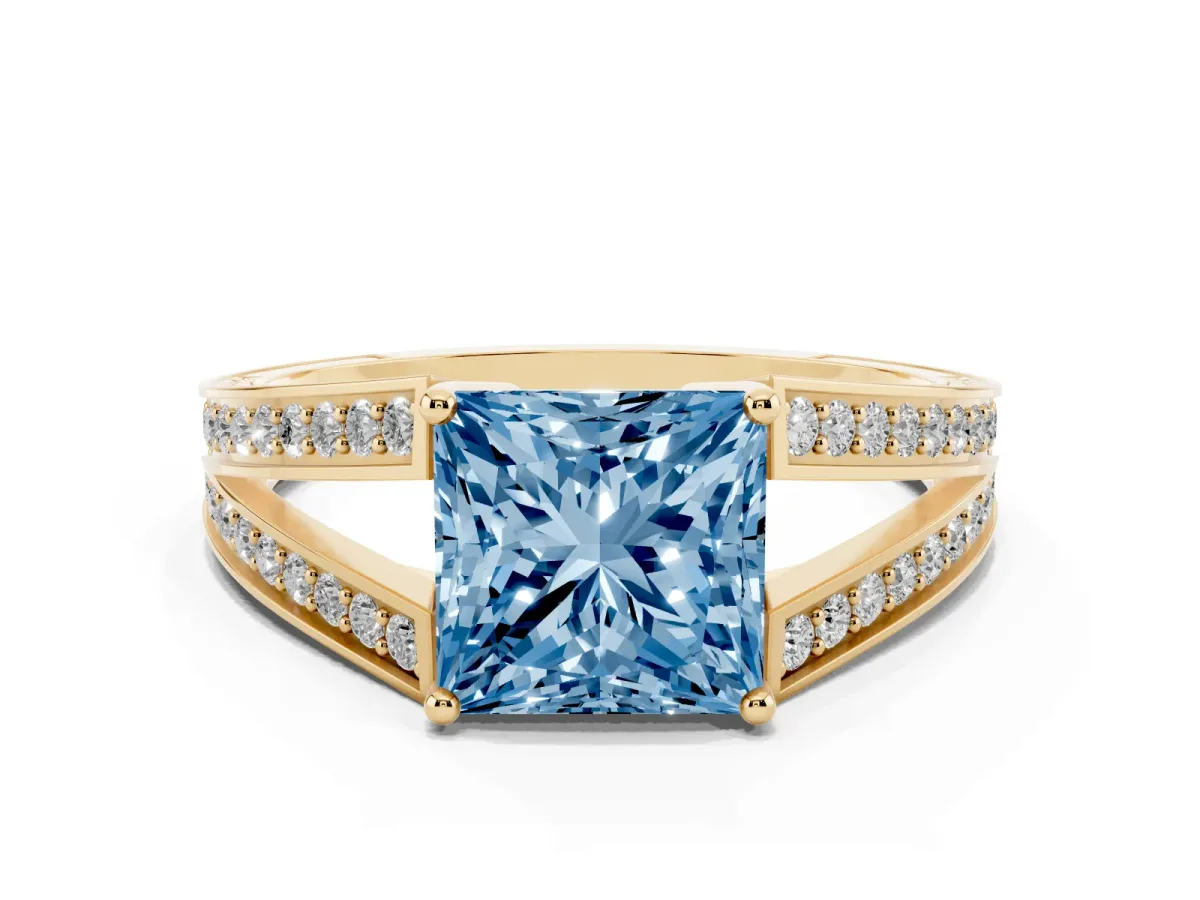 Fancy Blue Princess Cut Diamond Split Shank Ring with Pavé Band and Four-Prong Setting Yellow gold