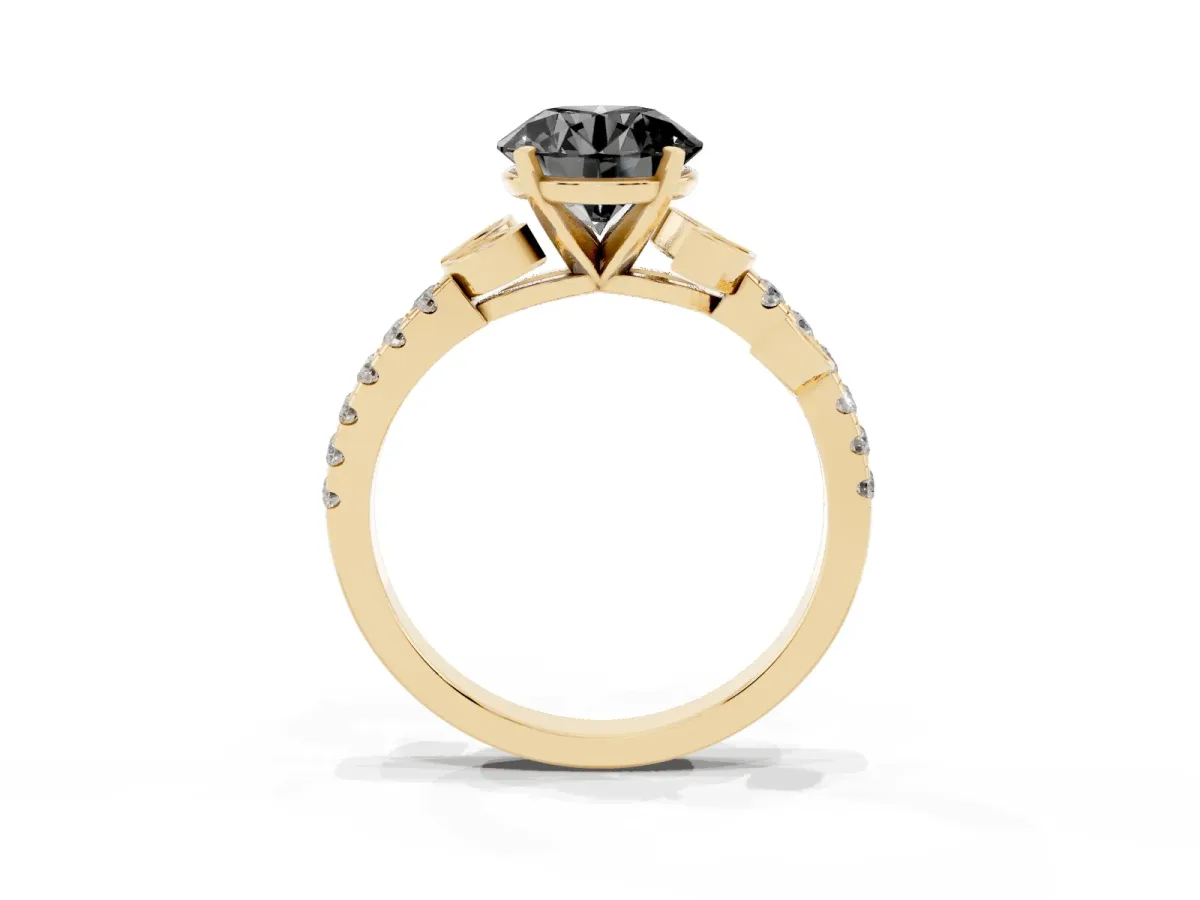 Fancy Black Round Cut Solitaire Leaf-Inspired Diamond Ring with Pavé Band and Four-Prong Setting Yellow gold