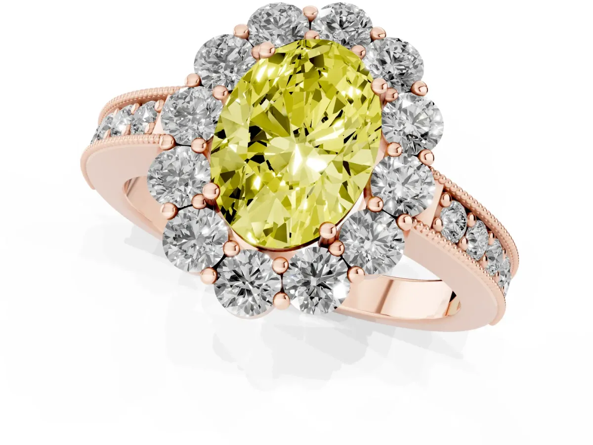 Fancy Yellow Oval Cut Cut Halo Diamond Pavé Engagement Ring with Milgrain Detailing Rose gold
