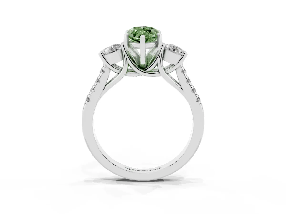 Fancy Green Three-Stone Marquise Cut Diamond Pavé Band with Four-Prong Setting Silver