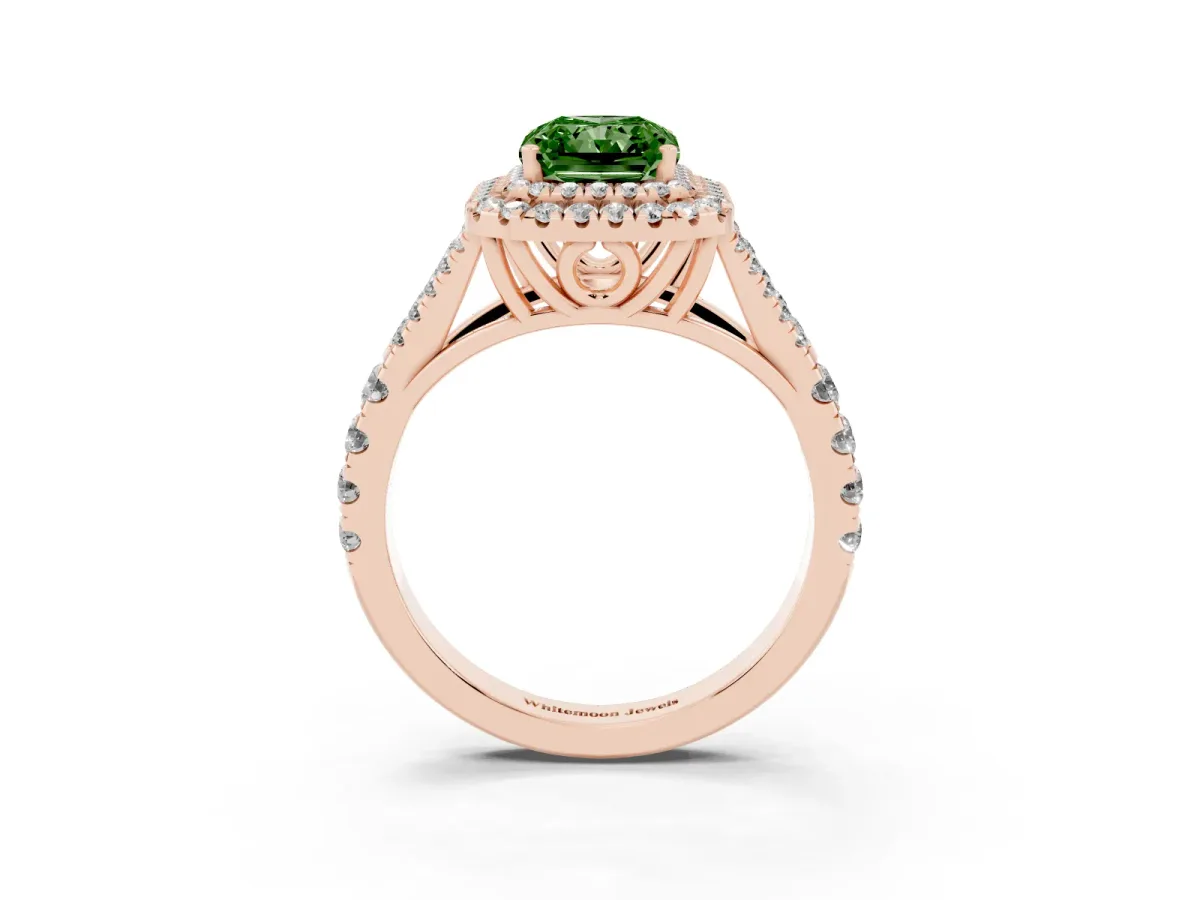 Fancy Green Radiant Cut Diamond Double Halo Ring with Split Shank and Prong Setting Rose gold