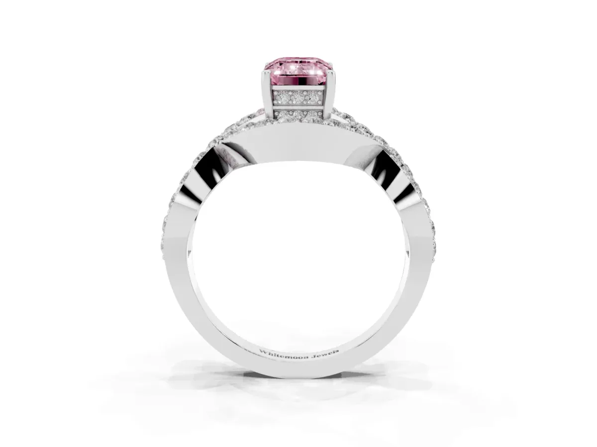 Fancy Pink Emerald Cut Solitaire Twist Band Pavé Diamond Engagement Ring Silver