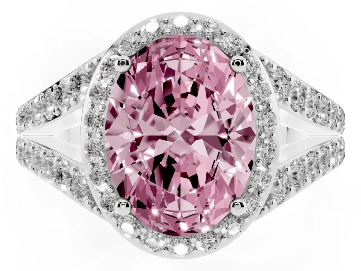Fancy Pink Oval Cut Diamond Split Shank Halo Ring with Four-Prong Setting Platinum