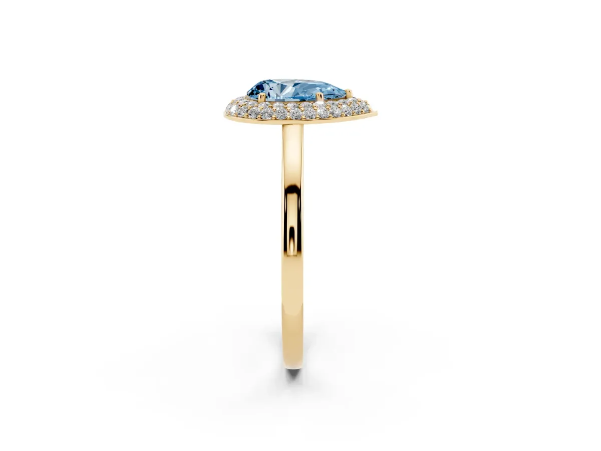 Fancy Blue Pear Cut Halo Diamond Engagement Ring with Solitaire Band and Four-Prong Setting Yellow gold