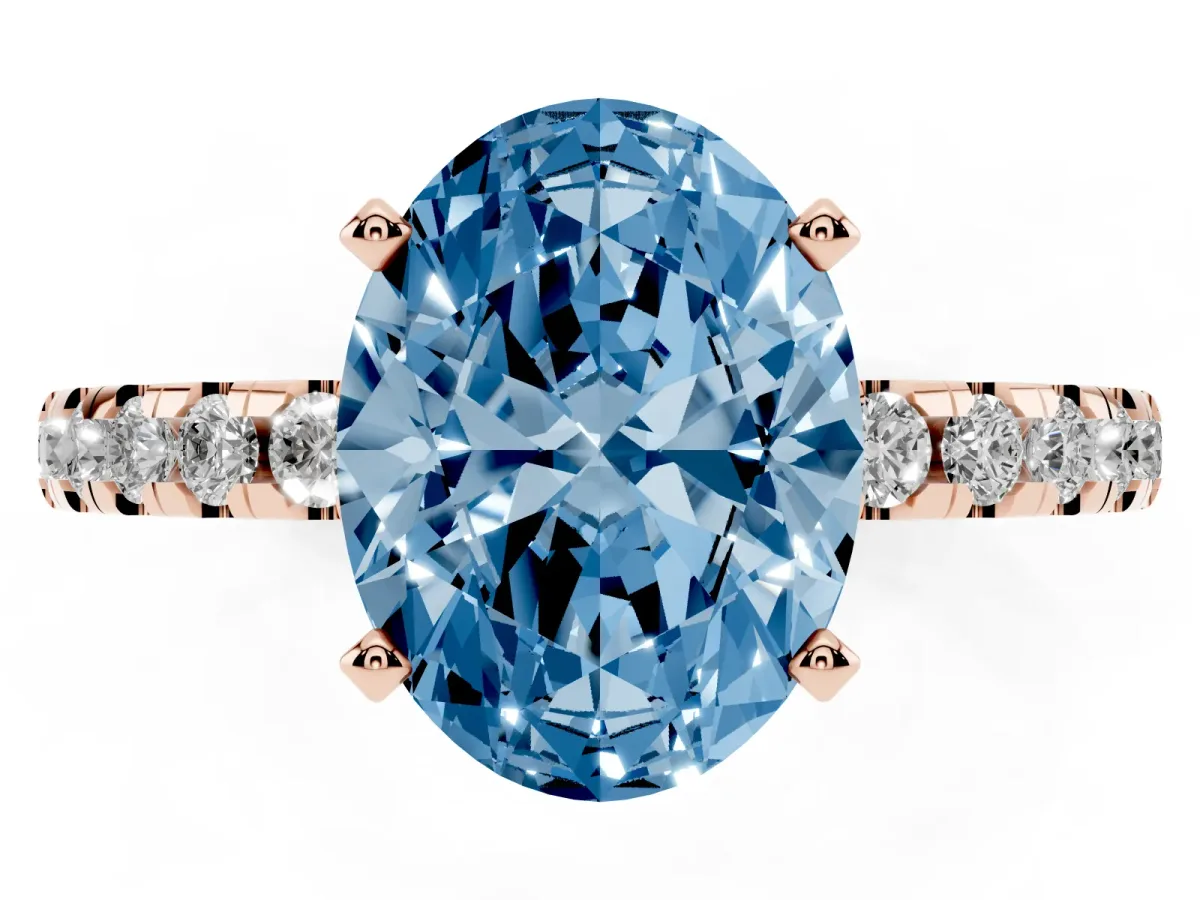 Fancy Blue Oval Cut Diamond Solitaire Ring with Round Pavé Band and Four-Prong Setting Rose gold