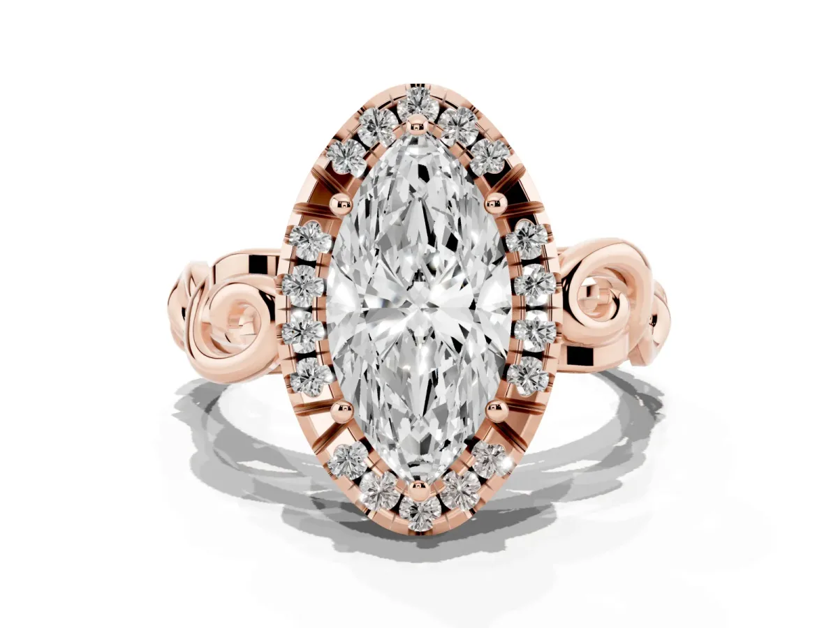 Marquise Cut Cut Halo Diamond Ring with Scrollwork Band and Four-Prong Setting Rose gold