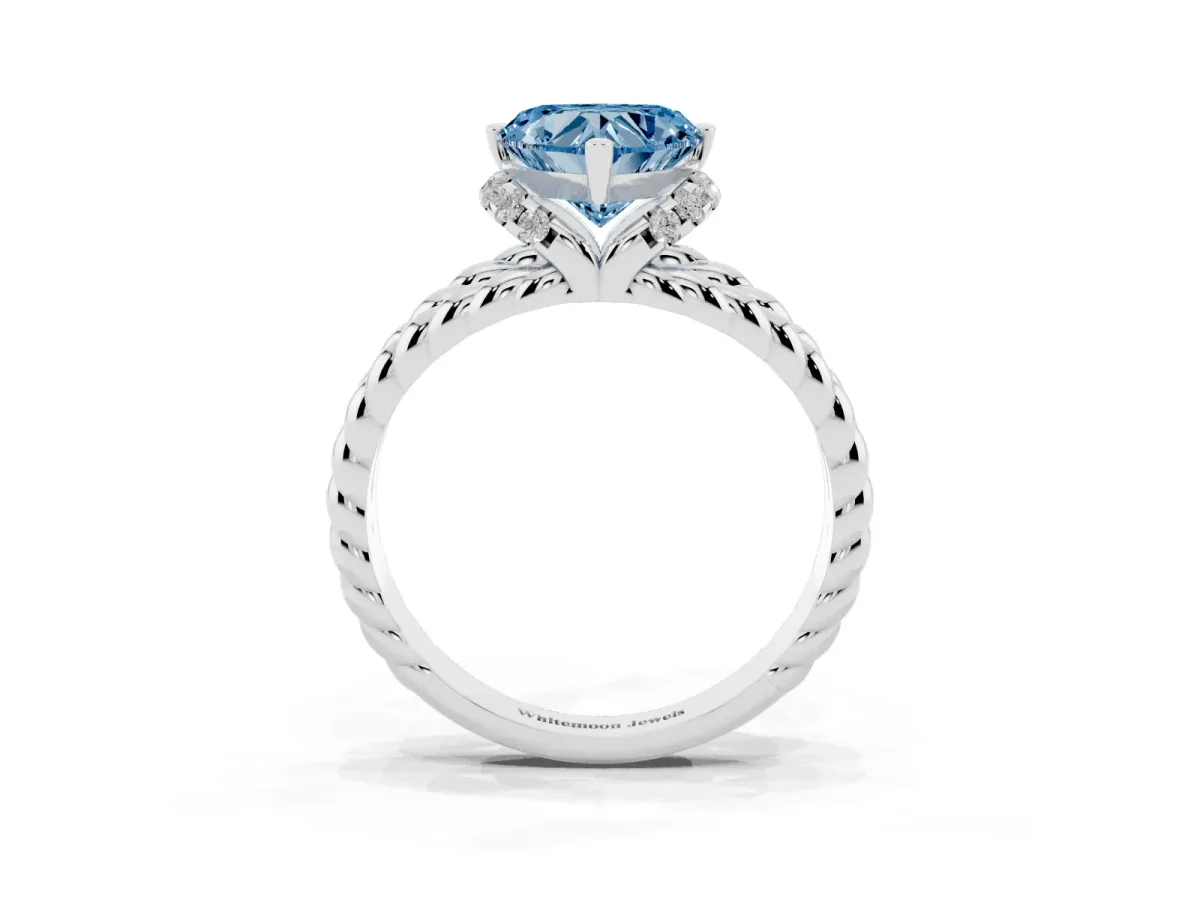 Fancy Blue Heart Cut Halo Twisted Band Four-Prong Ring Silver
