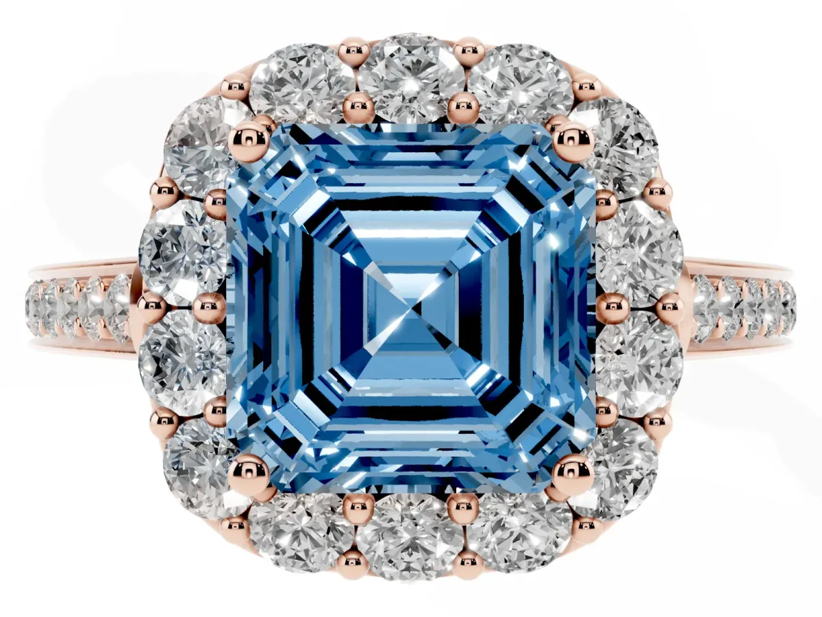 Fancy Blue Asscher Cut Diamond Floral Halo Ring with Pavé Band and Prong Setting Rose gold