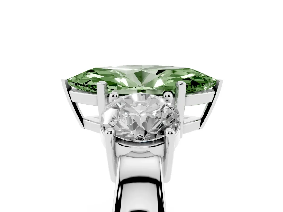 Fancy Green Three-Stone Marquise Cut Diamond Ring with Round Side Stones, Classic Band, and Four-Prong Setting Platinum