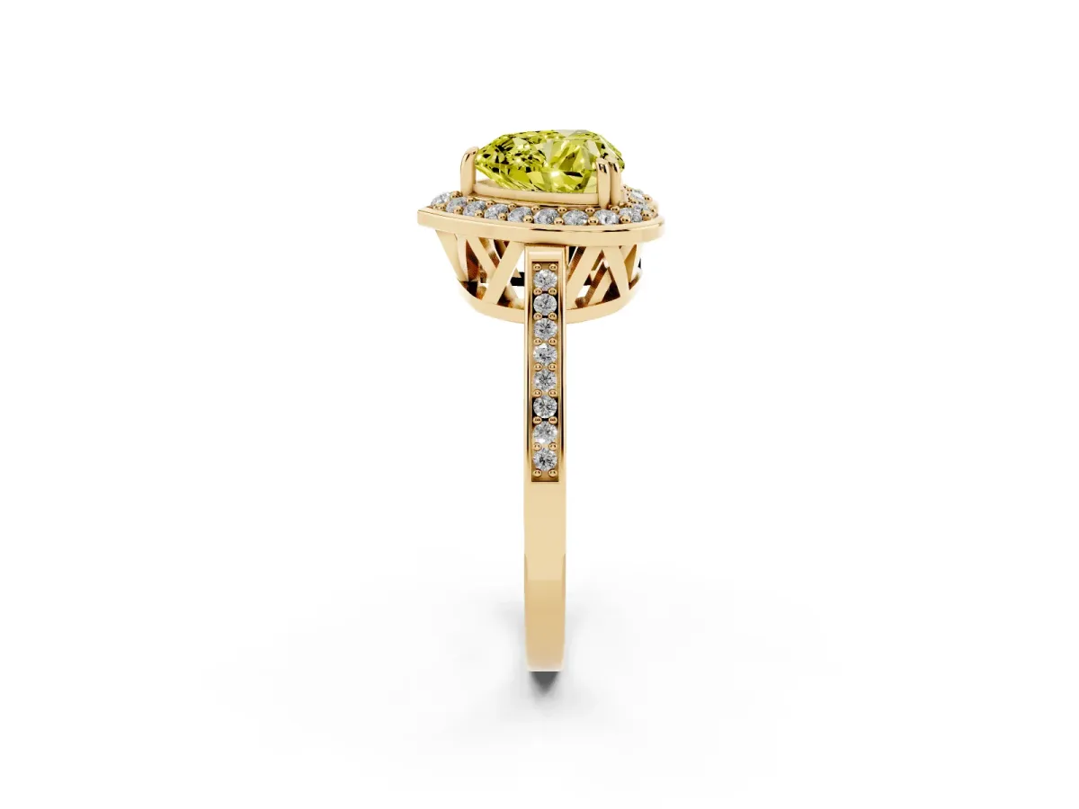 Fancy Yellow Heart Cut Diamond Halo Ring with Split Shank and Four-Prong Setting Yellow gold