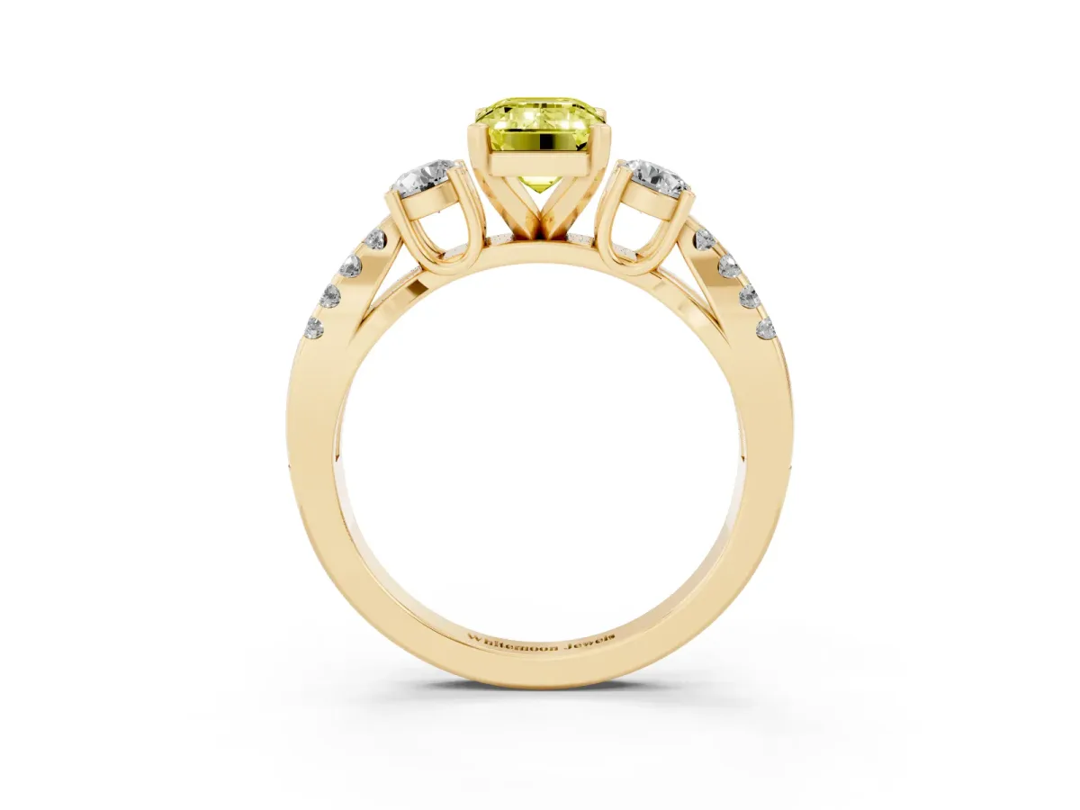 Fancy Yellow Emerald Cut Diamond Three-Stone Ring with Pavé Split Shank and Four-Prong Setting Yellow gold