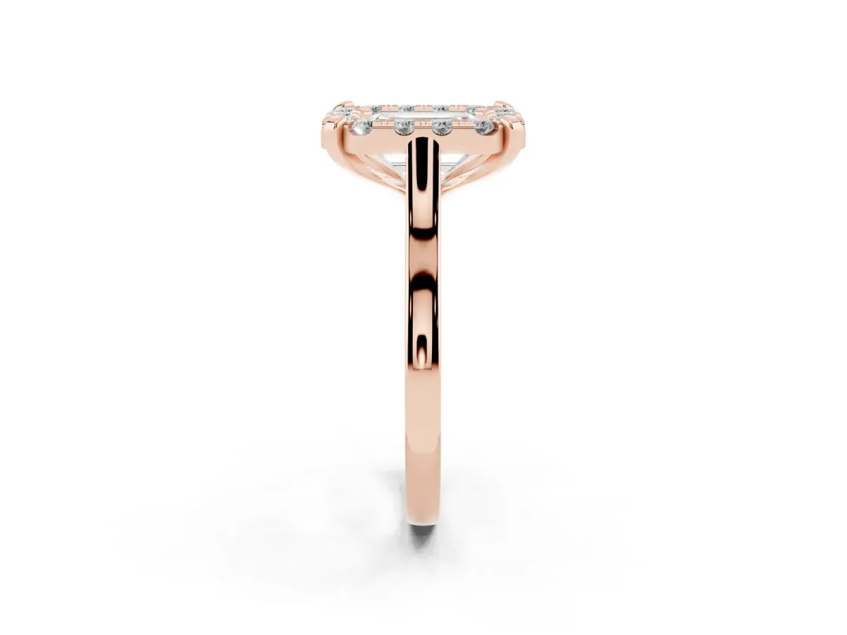 Emerald Cut Diamond Cluster Halo Solitaire with Four-Prong Setting Rose gold