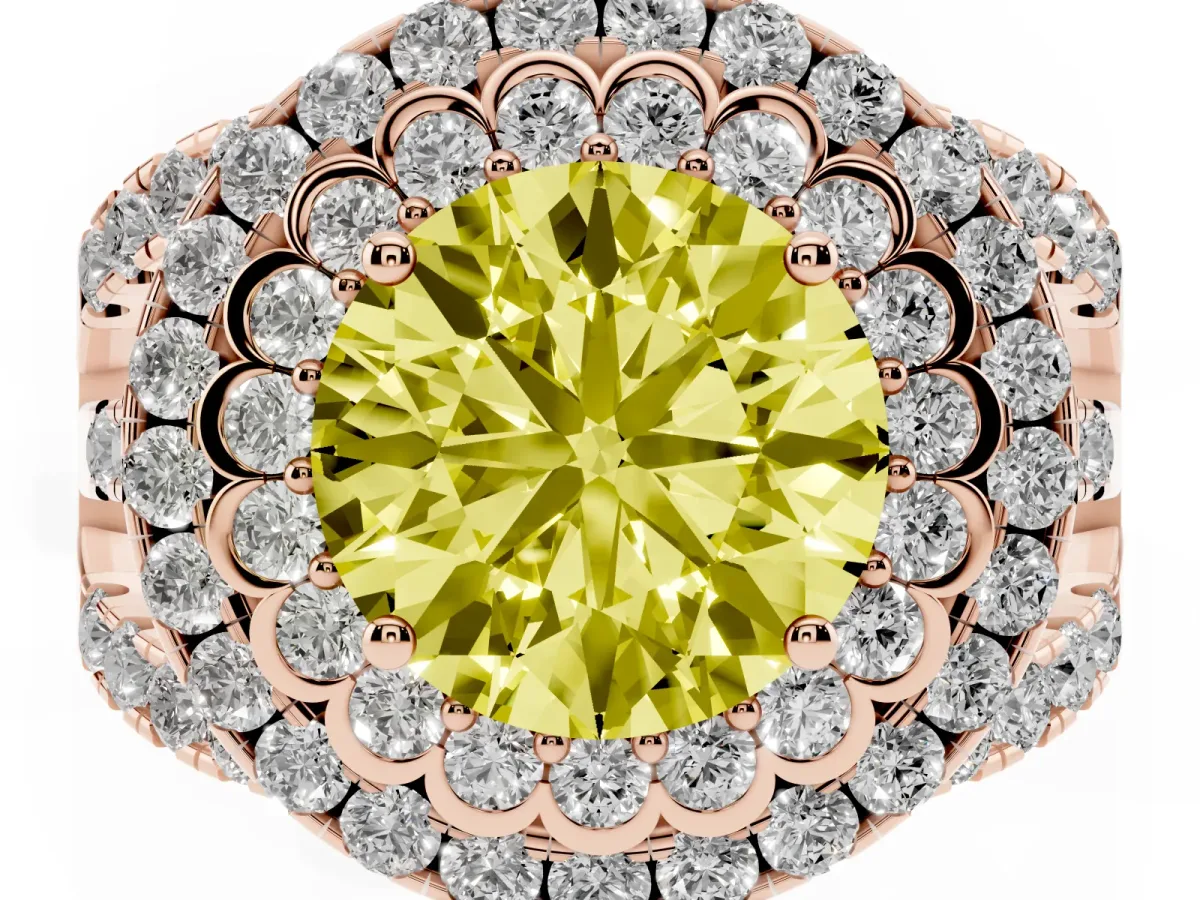 Fancy Yellow Round Cut Diamond Double Halo Ring with Round Pavé Split Shank and Prong Setting Rose gold
