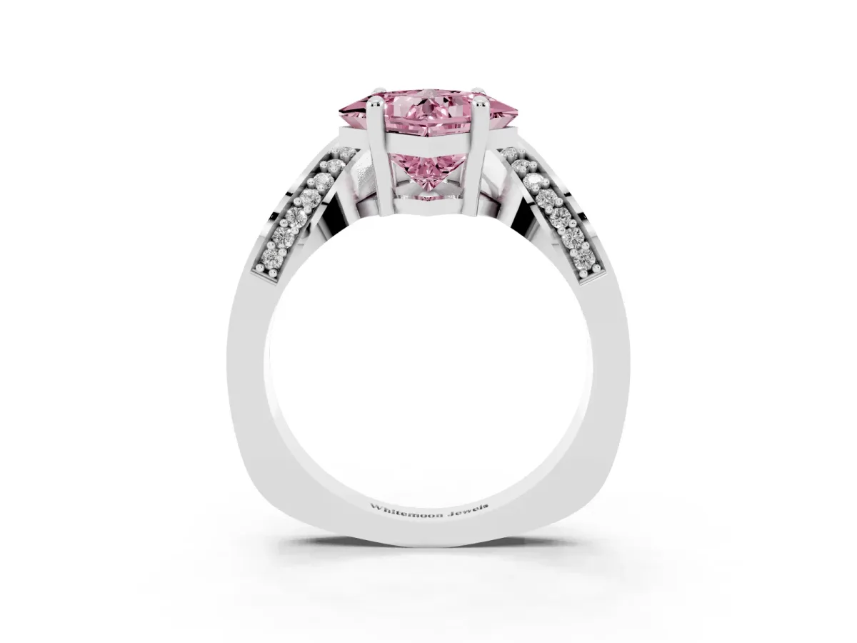Fancy Pink Princess Cut Solitaire Diamond Engagement Ring with Pave Band and Four-Prong Setting Platinum