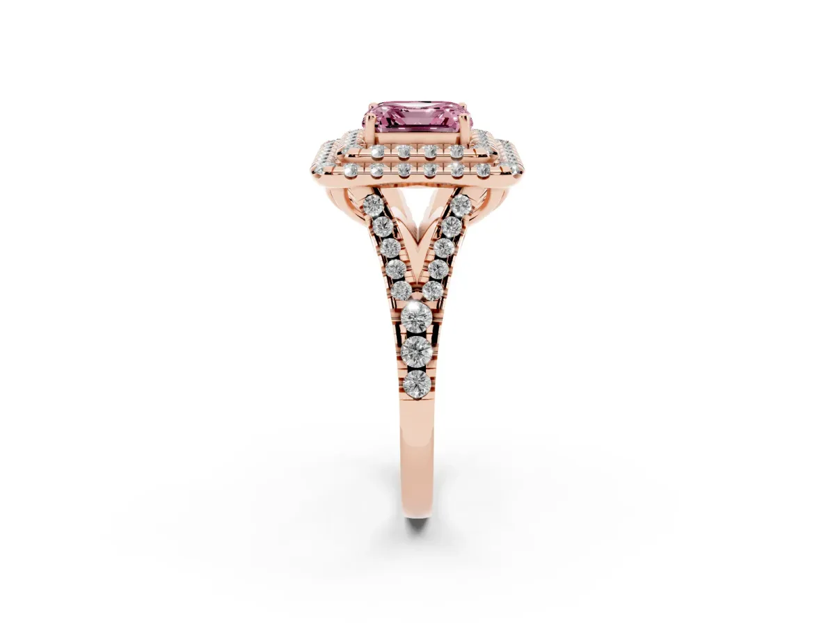Fancy Pink Double Halo Asscher Cut Diamond Pavé Split Shank Ring with Prong Setting Rose gold