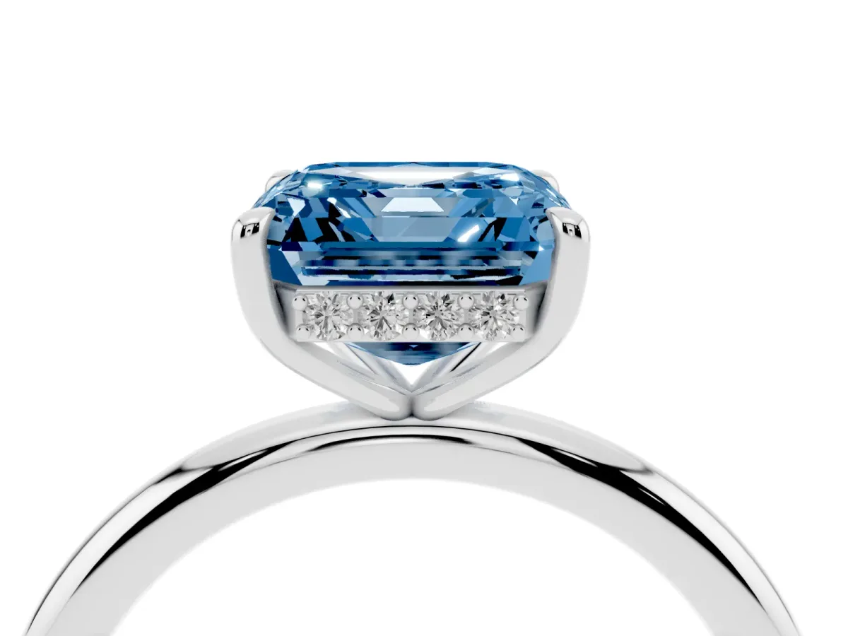 Fancy Blue Asscher Cut Diamond Solitaire Ring with Thin Band and Four-Prong Setting Silver