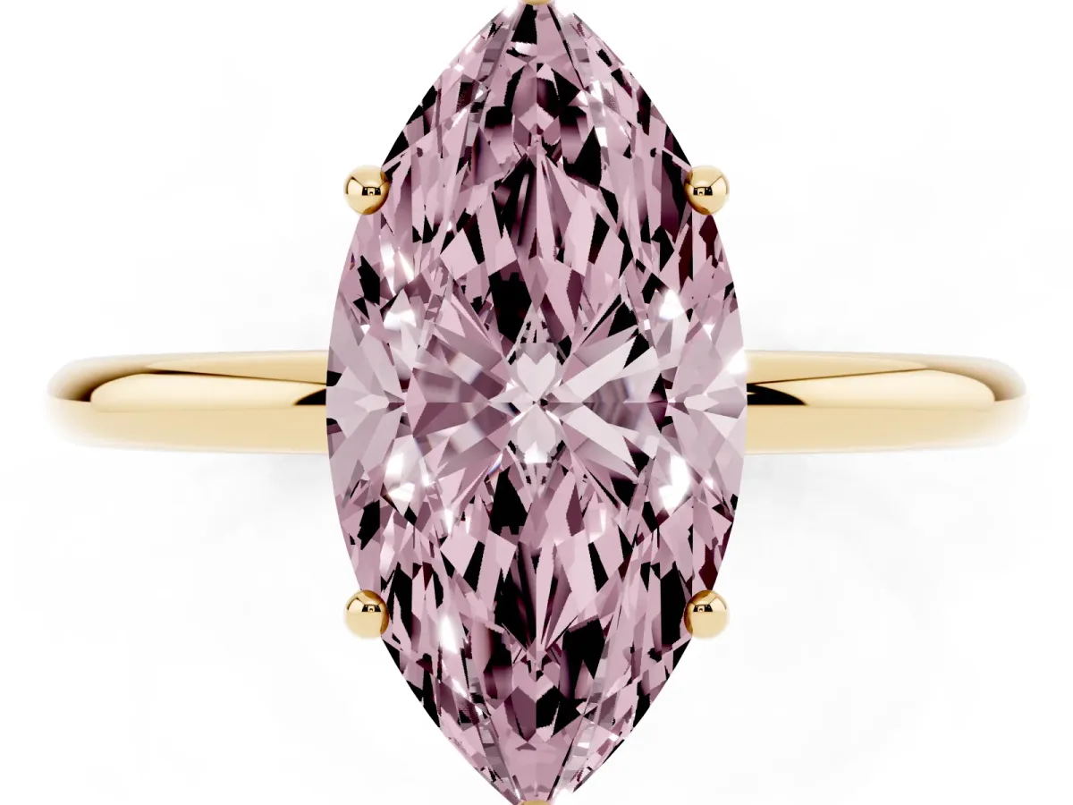 Fancy Pink Marquise Cut Solitaire Diamond Ring with a Classic Band and Four-Prong Setting Yellow gold