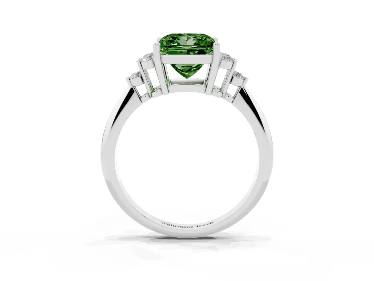 Fancy Green Princess Cut Cut Diamond Cluster Ring with Solitaire Band and Four-Prong Setting Silver