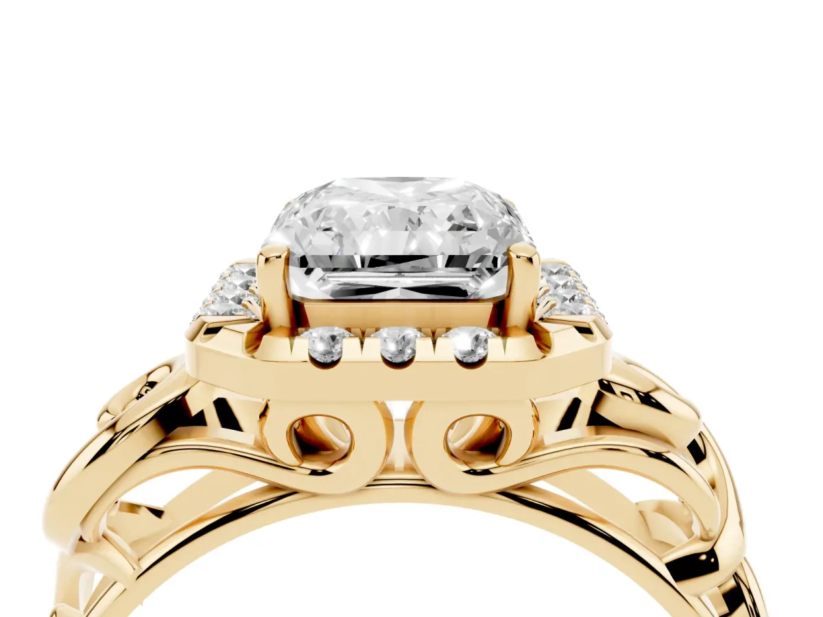 Radiant Cut Cut Halo Diamond Ring with Scrollwork Band and Four-Prong Setting Yellow gold