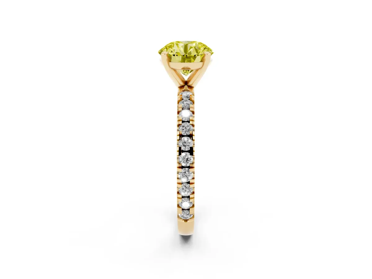 Fancy Yellow Round Cut Diamond Pavé Band Solitaire with Four-Prong Setting Yellow gold