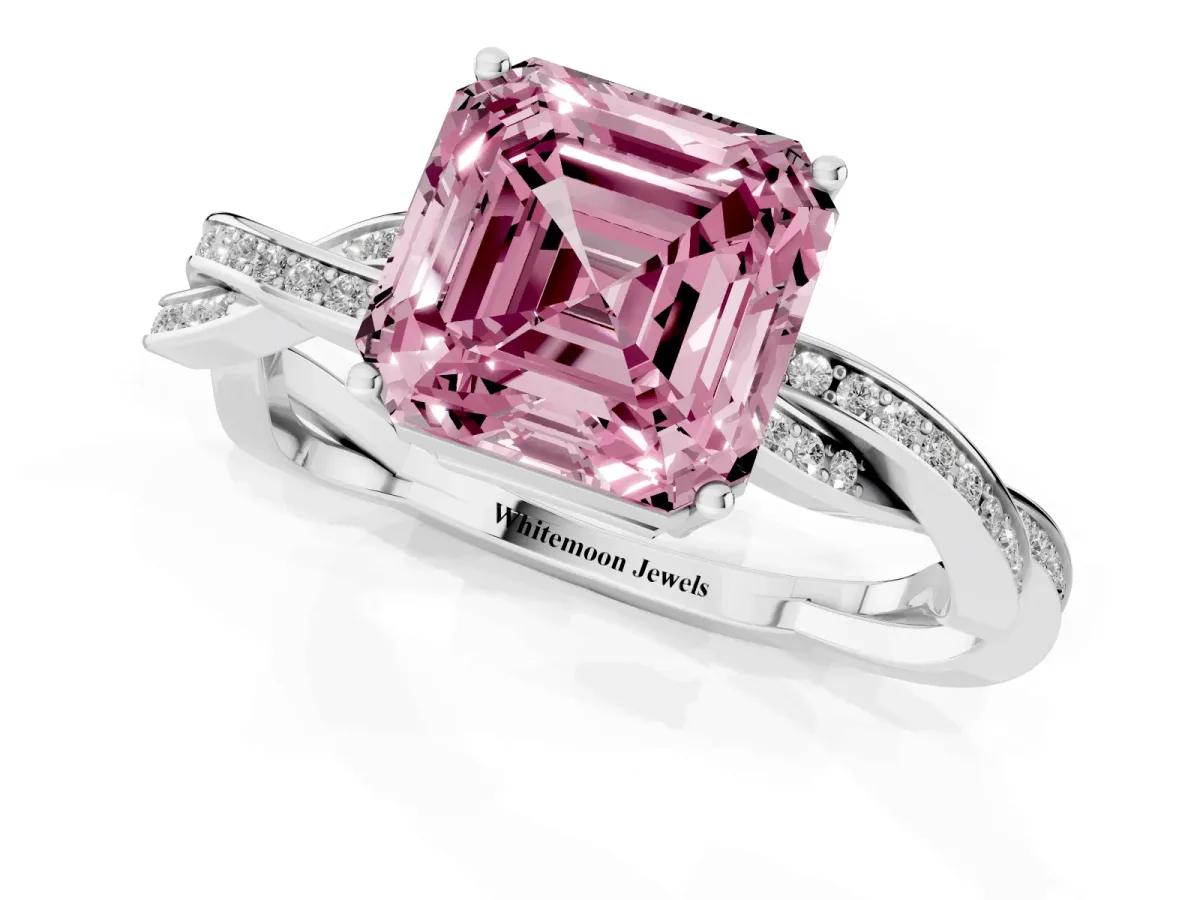Fancy Pink Asscher Cut Solitaire Twisted Pave Diamond Ring with Four-Prong Setting Silver