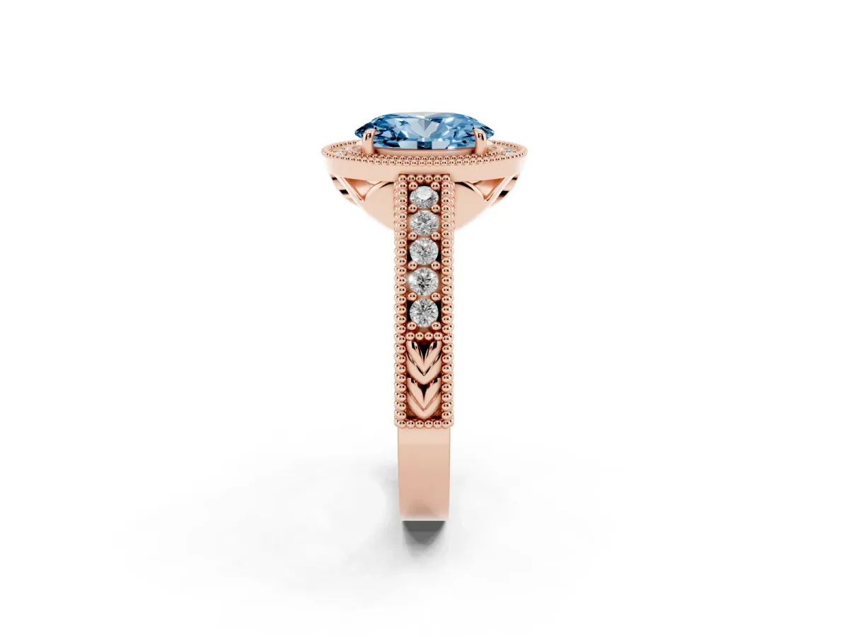 Fancy Blue Oval Cut Cut Halo Diamond Ring with Pavé Band and Four-Prong Setting Rose gold