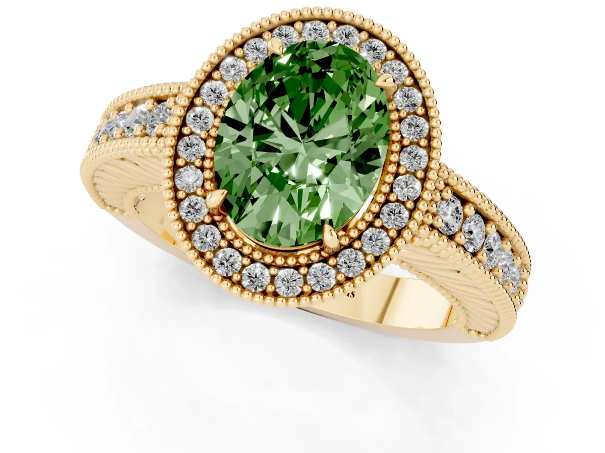 Fancy Green Oval Cut Cut Halo Diamond Ring with Pavé Band and Four-Prong Setting Yellow gold