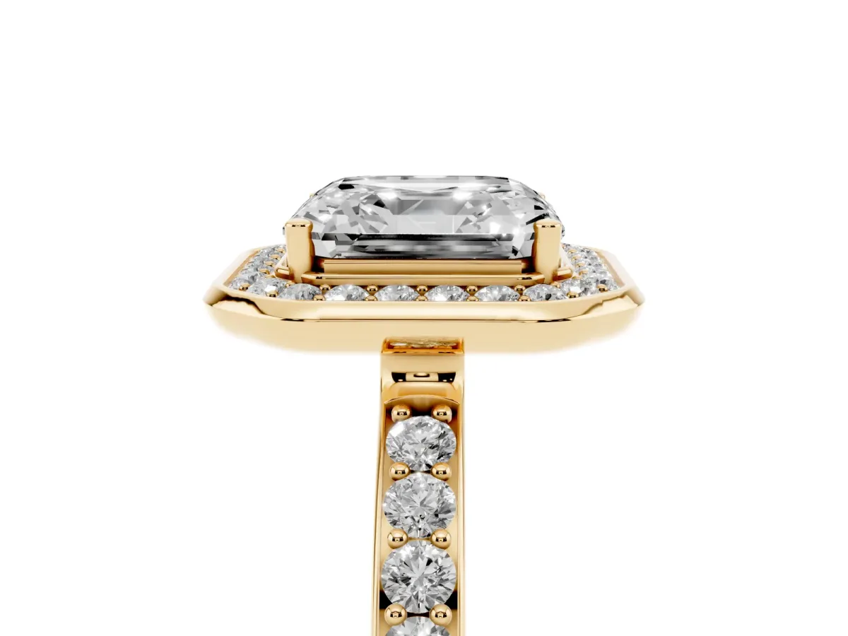 Asscher Cut Diamond Halo Ring with Bezel Frame and Pavé Band Yellow gold