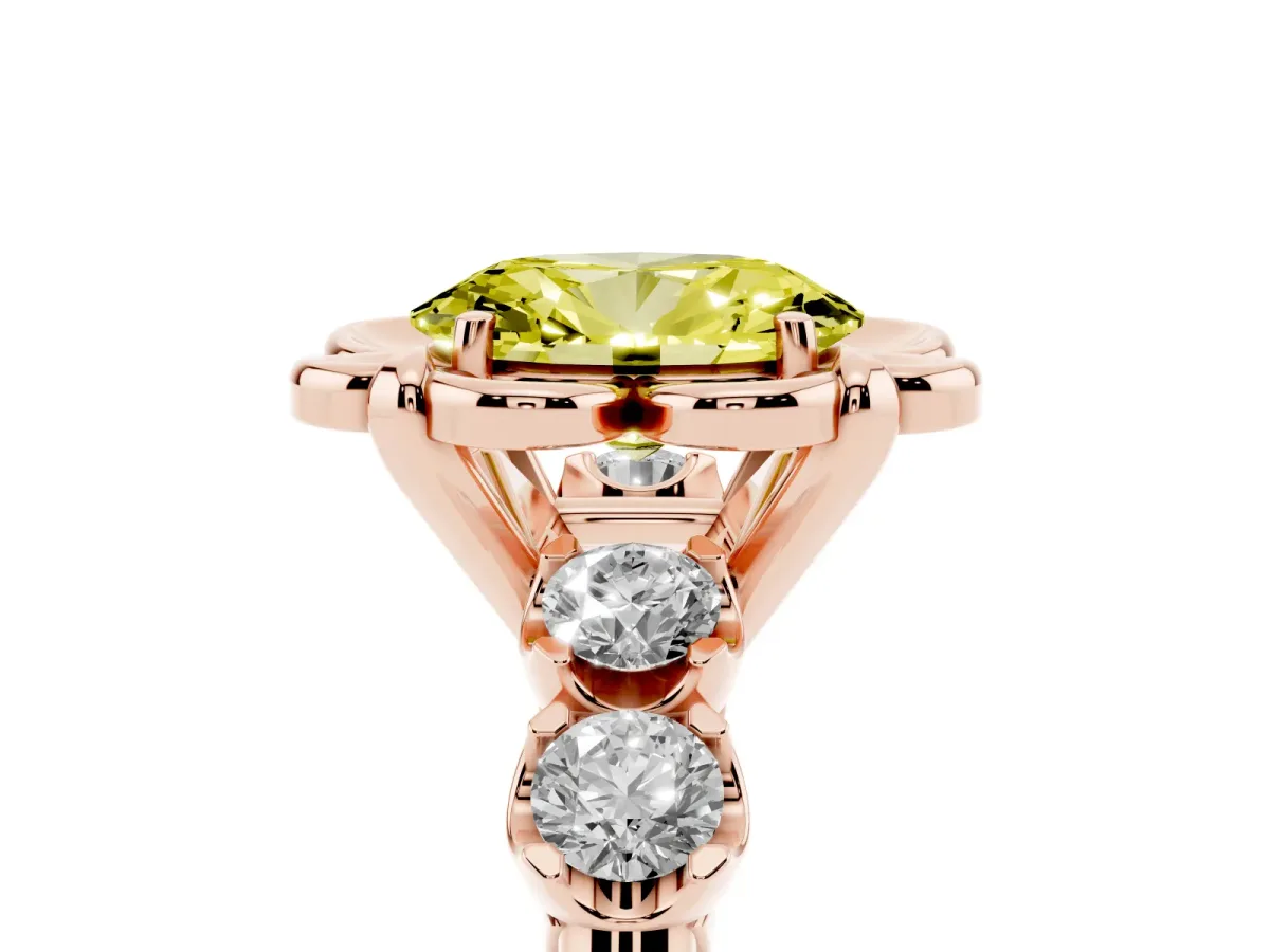 Fancy Yellow Oval Cut Cut Diamond Floral Halo Engagement Ring with Shared Prong Setting Rose gold