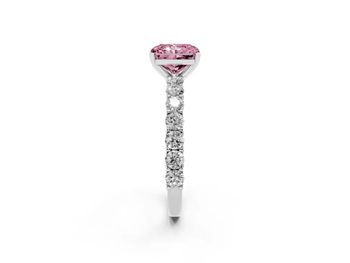 Fancy Pink Radiant Cut Diamond Solitaire Ring with Shared Prong Pavé Band and Four-Prong Setting Silver