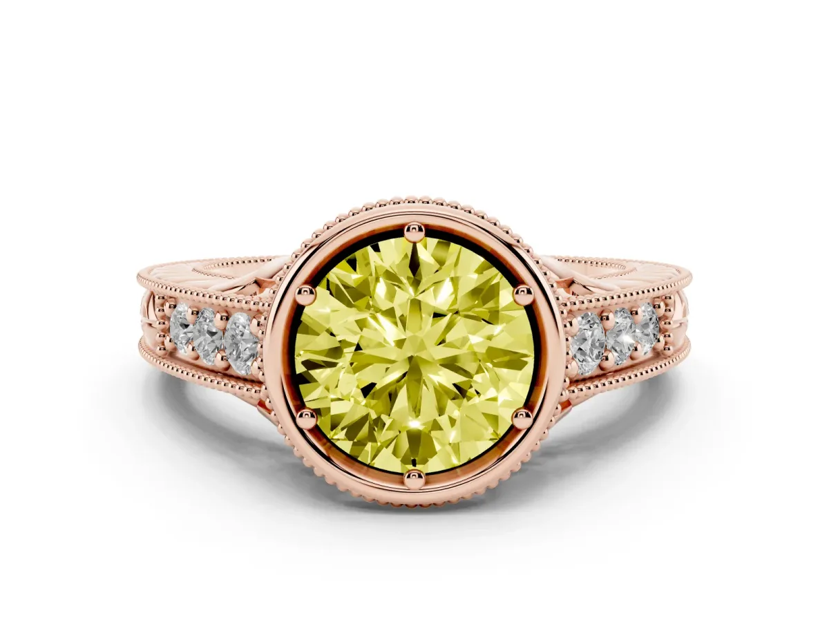 Fancy Yellow Bezel Set Round Cut Diamond Milgrain Pave Engagement Ring Rose gold
