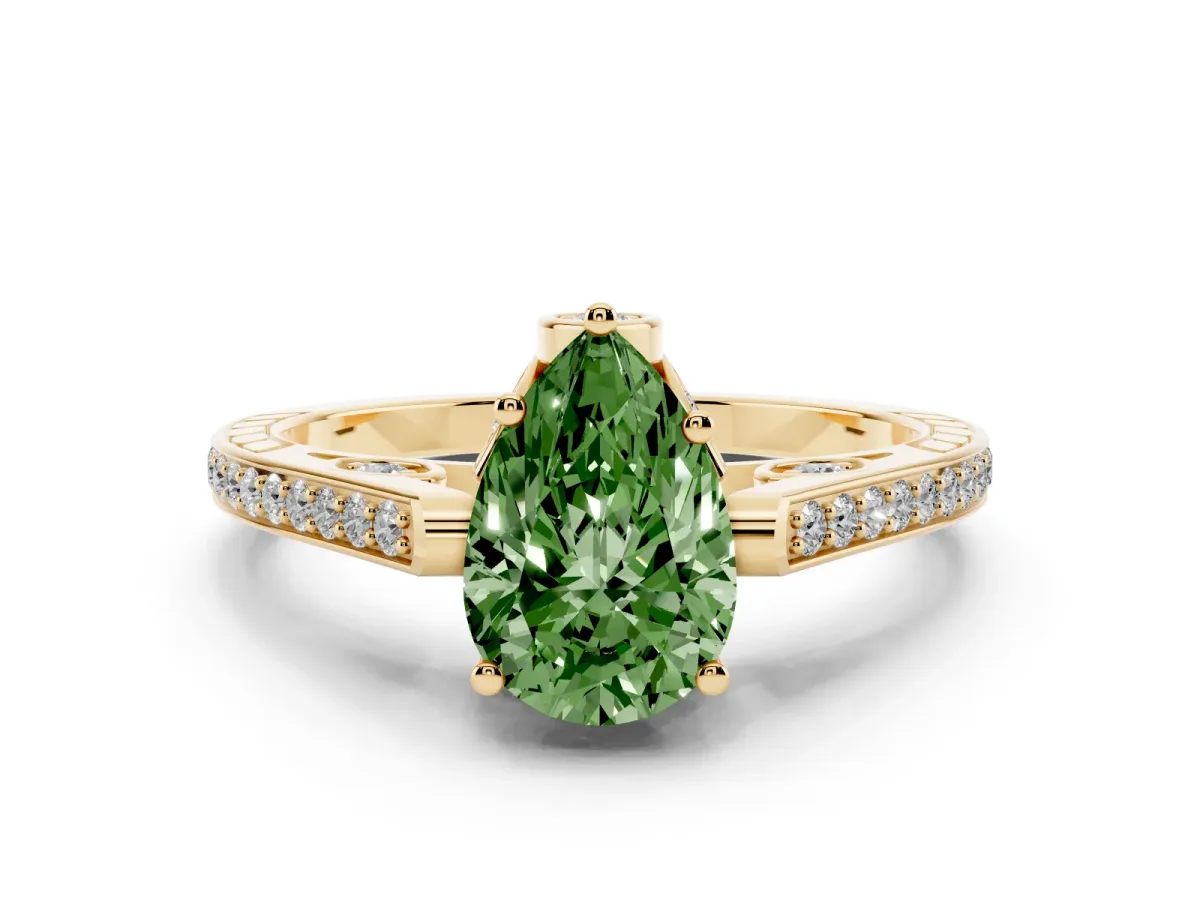 Fancy Green Pear Cut Cut Cathedral Pave Diamond Engagement Ring with Six-Prong Setting Yellow gold