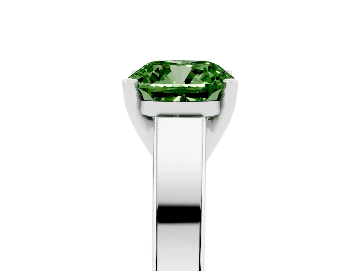 Fancy Green Cushion Cut Solitaire Engagement Ring with Four-Prong Setting and Tapered Band Silver