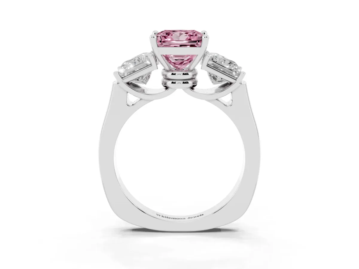 Fancy Pink Three-Stone Princess Cut Brilliant Diamond Trellis Ring with Comfort Fit Band White gold