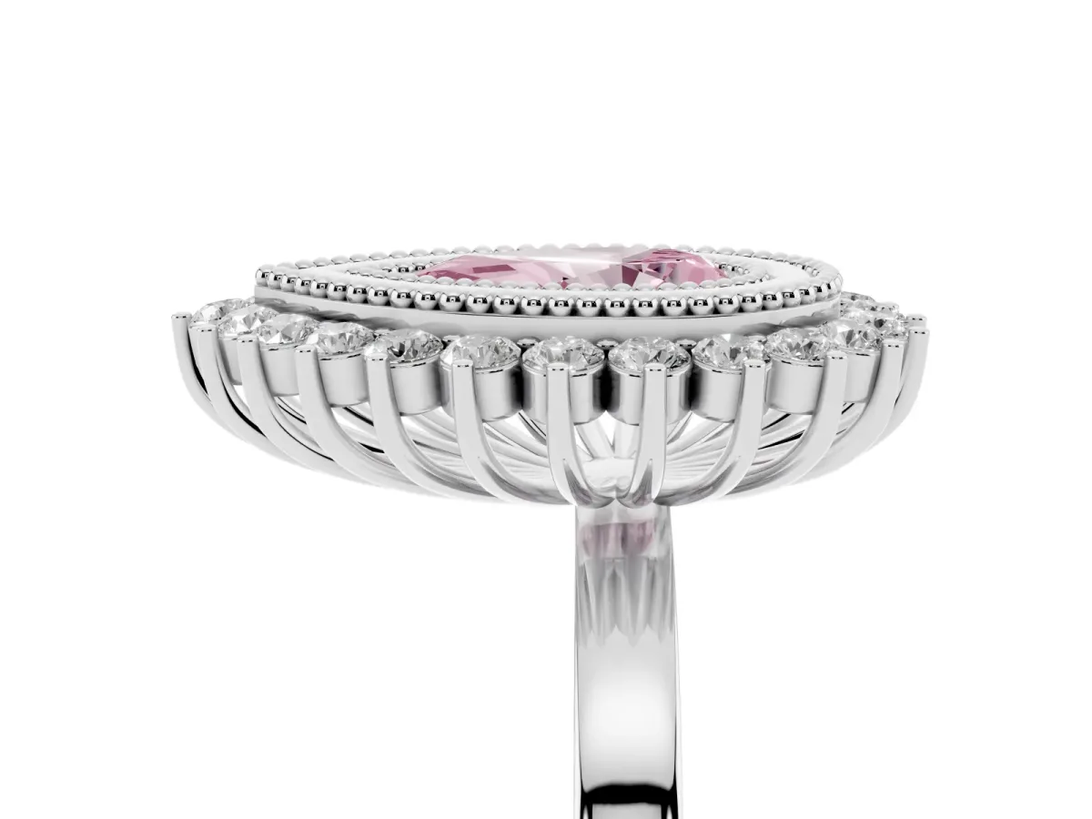 Fancy Pink Pear Cut Halo Diamond Ring with Milgrain Edge and Round Prong Setting Silver