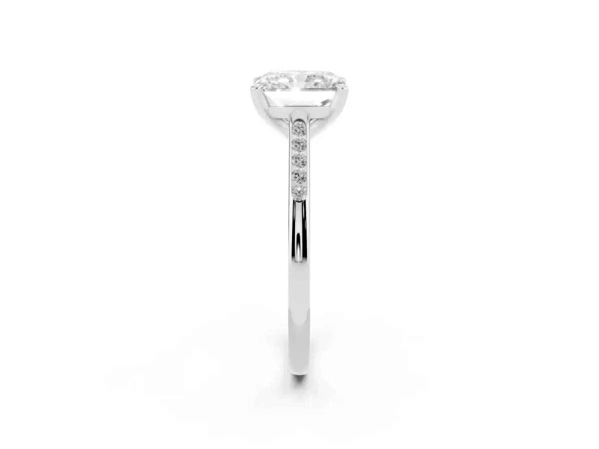 Radiant Cut Diamond Solitaire Ring with Channel Set Round Band and Prong Setting Silver
