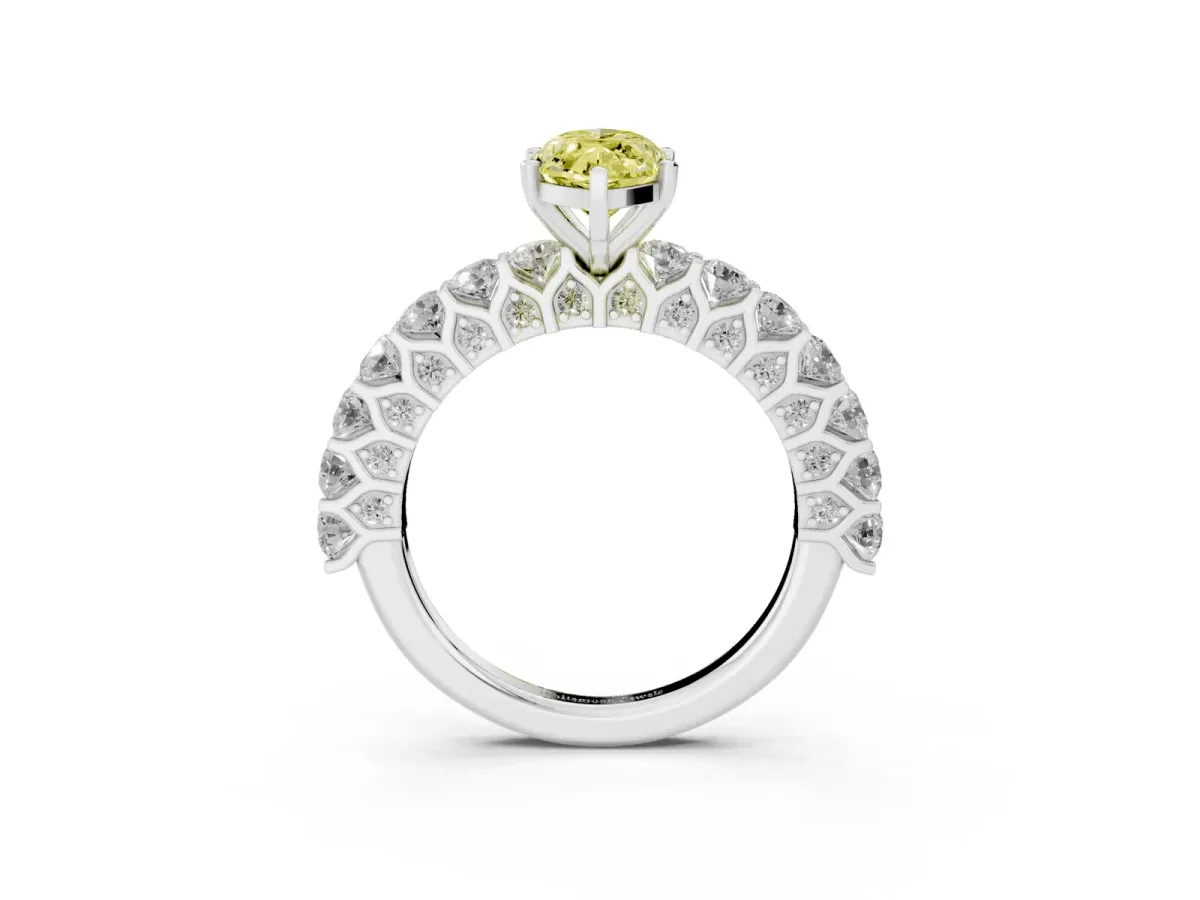 Fancy Yellow Marquise Cut Diamond Solitaire Ring with Shared Prong Pavé Band and Four-Prong Setting Silver
