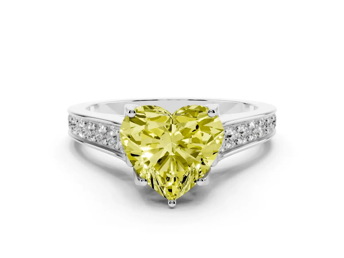 Fancy Yellow Heart Cut Brilliant Cut Diamond Engagement Ring with Pavé Band and Four-Prong Setting Silver