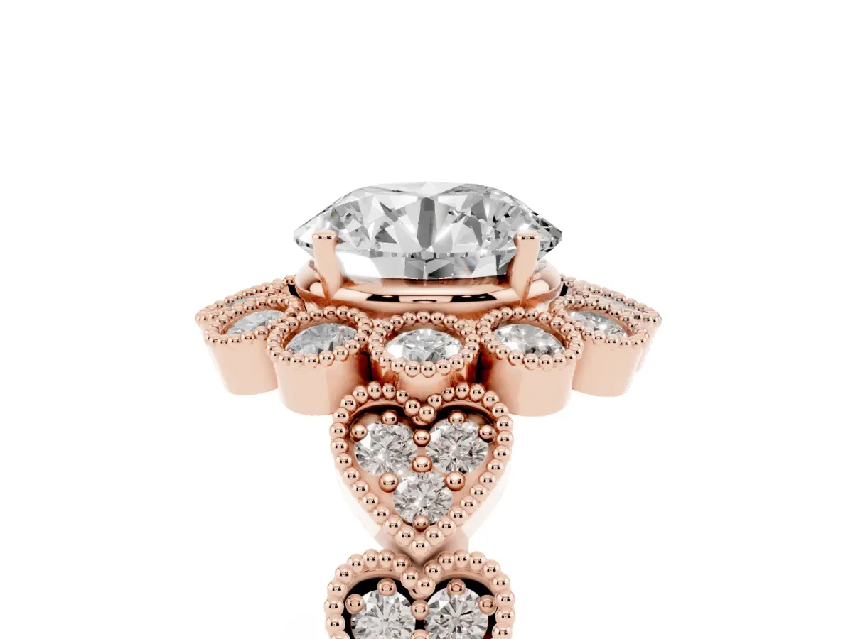 Round Cut Brilliant Milgrain Pave Heart Band Solitaire Ring Rose gold