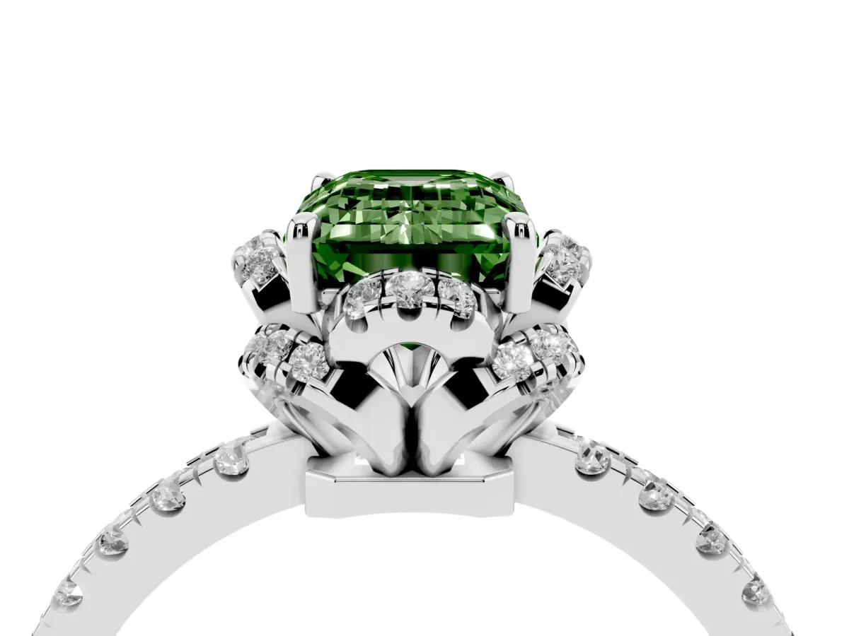Fancy Green Emerald Cut Diamond Halo Pave Band with Four-Prong Setting Silver